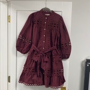 Burgundy Eyelet Dress with Belt